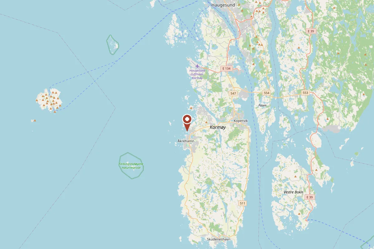 Kart som viser hvor Beverhuset ligger, på vestsiden av Karmøy